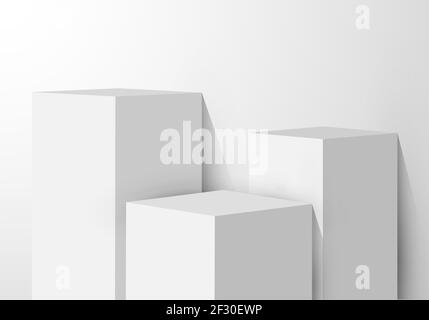 3D realistische weiße Sockel rechteckige Box Studio-Zimmer mit hellen Produkt Regal auf sauberen Hintergrund. Vektorgrafik Stock Vektor