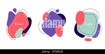 Set von Abzeichen Moderne abstrakte bunte organische Formen mit Linien auf weißem Hintergrund. Vektorgrafik Stock Vektor