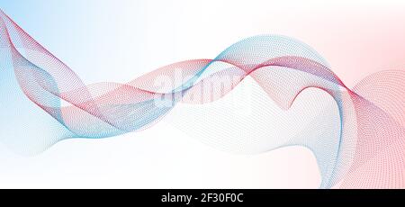 Abstrakte blaue und rote wellige Punkte Partikel Linien glatte kurvige Form Punkt Flüssigkeit Array auf weißem Hintergrund. Vektorgrafik Stock Vektor