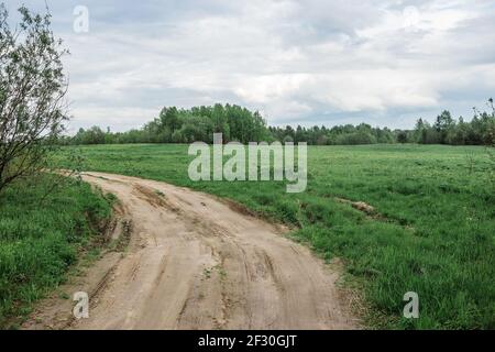 Bodenstrasse und grüne Wiesen im Frühsommer. Stockfoto