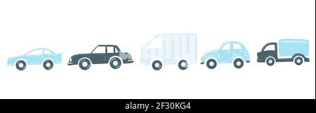Set f blaue Autos flach einfache Cartoon-Stil Handzeichnung. vektor-Illustration Stock Vektor
