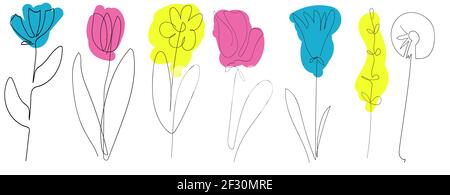 Set von schönen Frühlingsblumen isoliert auf weißem Hintergrund, eine kontinuierliche Linie, schwarze Kontur Kunst und farbige Flecken, florale Vektor-Elemente, botani Stock Vektor