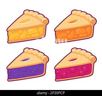 Niedliche Cartoon Pie Slice Set. Kirsche, Heidelbeere, Apfel und Pfirsich Pie Zeichnung. Handgezeichnetes traditionelles amerikanisches hausgemachtes Dessert. Isolierte Vektorgrafik Stock Vektor