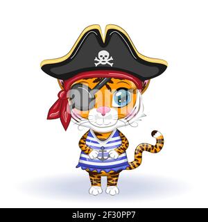 Cute Cartoon Tiger mit schönen Augen in das Bild eines Piraten. Illustrationen zum chinesischen Neujahr 2022, Jahr des Tigers. Mondneujahr 2022. Stock Vektor