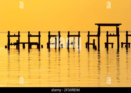 Die Überreste eines vom Hurrikan Zeta beschädigten Piers ragen aus der Mobile Bay in Fairhope, AL, USA, in einem Sonnenuntergangsbild vom 31. Oktober 2020 auf. Stockfoto