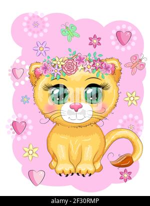 Cartoon Löwin mit ausdrucksstarken Augen. Wilde Tiere, Charakter, kindisch niedlichen Stil. Stock Vektor