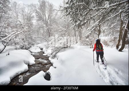 Frau mit Schauschuhen ist im Winter verschneiten Wald in der Nähe des Flusses in Almaty, Kasachstan zu Fuß Stockfoto