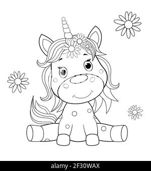 Ein kleines sitzender Einhorn ist in schwarzen Konturlinien für die Kinderfärbung gezeichnet. Einhorn Baby auf weißem Hintergrund. Stock Vektor
