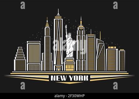 Vektor-Illustration von New York City, Poster mit Symbol von NYC - Freiheitsstatue und skizzieren moderne Stadtlandschaft, städtisches zeitgenössisches Konzept mit dec Stock Vektor