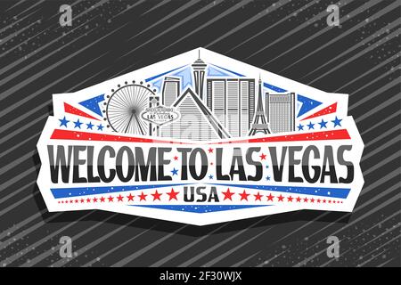 Vektor-Logo für Las Vegas, weißes dekoratives Abzeichen mit Illustration der amerikanischen Stadtlandschaft am Tag Himmel Hintergrund, Kunstdesign Kühlschrankmagnet mit einzigartig Stock Vektor