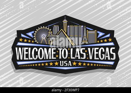 Vektor-Logo für Las Vegas, schwarzes Dekorations-Label mit Umriss Illustration der amerikanischen Stadtlandschaft auf Dämmerung Himmel Hintergrund, Kunst Design Kühlschrank Magnet wi Stock Vektor