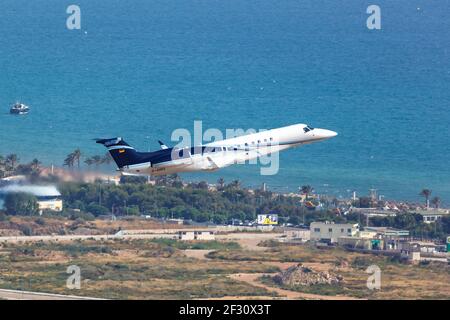 Palma de Mallorca, Spanien - 21. Juli 2018: Luftaufnahme eines Flugzeugs der Air Hamburg Embraer Legacy 650 am Flughafen Palma de Mallorca in Spanien. Stockfoto