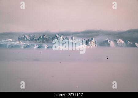 Gestrandete Eisberge im Nebel an der Mündung der Eisfjord in der Nähe von Ilulissat. Natur und Landschaft Grönlands. Reisen auf dem Schiff unter ices Stockfoto