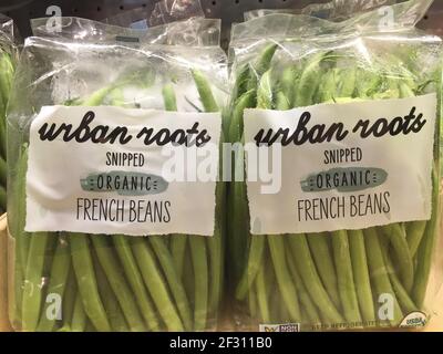 Beutel mit französischen grünen Bohnen, Abteilung für frische Produkte, Lebensmittelmarkt, Grand Central Terminal, NYC, USA Stockfoto