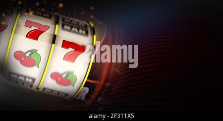 Abstract 3D gerenderte Illustration von Motion Blur Spielautomat Casino Banner Hintergrund. Einhändige Drehung Der Banditen-Trommel. Dunkler Kopierbereich Rechts. Stockfoto