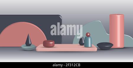 Abstract 3D Rendering Screen Design der breiten Präsentation geometrische Kunstwerk Vorlage. Viele Stile von Element auf Studio-Bildschirm Hintergrund. Illustration Stock Vektor