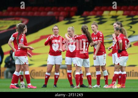 Watford, Großbritannien. März 2021, 14th. Team Bristol City während des FA Womens Continental Tyres League Cup Finalspiels zwischen Bristol City und Chelsea im Vicarage Road Stadium in Watford. Kredit: SPP Sport Presse Foto. /Alamy Live Nachrichten Stockfoto