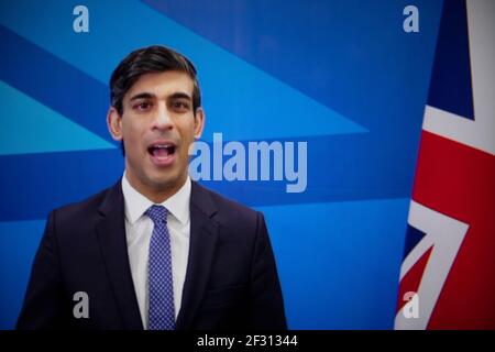 Glasgow, Schottland, Großbritannien. März 2021, 14th. Im Bild: Rishi Sunak MP, Kanzler der Schatzmeister, bei der Nationalkonferenz der Schottischen Konservativen und Unionistischen Partei (#SCC21) gesehen, die wegen der anhaltenden Pandemie wieder online veranstaltet wird. Quelle: Colin Fisher/Alamy Live News Stockfoto