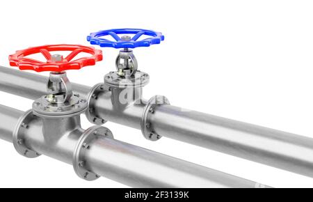 3D Render blaue und rote Ventile auf Stahlrohren diagonale Ansicht isoliert auf weißem Hintergrund.Illustration eines digitalen Bildes für Industrie. Stockfoto