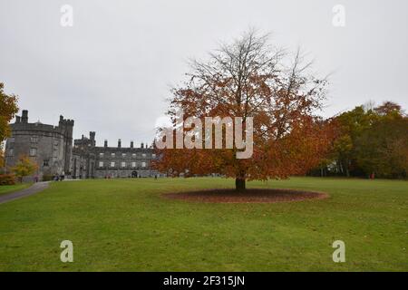 Herbstlandschaft mit Panoramablick auf Kilkenny Castle und die umliegenden Gärten in Kilkenny, Leinster Irland. Stockfoto