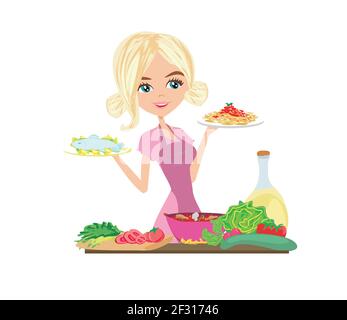 Schöne Hausfrau Kochen Abendessen - Spaghetti, Fisch und gesunde Suppe Stock Vektor