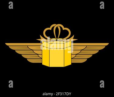 Goldene Geschenkbox mit Flügeln daneben Stockfoto
