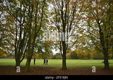 Herbstlandschaft mit landschaftlicher Aussicht auf das Kilkenny Castle, das die Gärten in der Grafschaft Kilkenny, Leinster Irland umgibt. Stockfoto