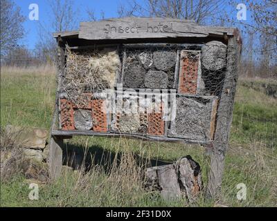 Ein Nest für eine Vielzahl von Insekten aus verschiedenen Materialien an einem warmen und sonnigen Frühlingstag. Stockfoto