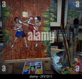 Pinsel, Palette, Kunstgemälde Acrylfarbe Muaythai, Thai Boxen aus Thailand Stockfoto