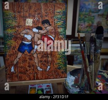 Pinsel, Palette, Kunstgemälde Acrylfarbe Muaythai, Thai Boxen aus Thailand Stockfoto