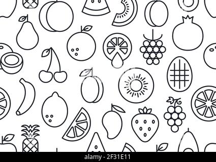 Vektor nahtlose Muster, endlose Textur mit Früchten. Satz isolierter linearer Symbole. Kontur, Form, Kontur. Gesunde Lebensmittel und Vitamine Stock Vektor