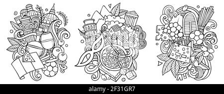 Italien Cartoon Vektor Doodle Designs Set. Line Art detaillierte Kompositionen mit vielen italienischen Objekten und Symbolen. Isoliert auf weißen Abbildungen Stock Vektor