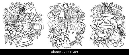 Israel Cartoon Vektor Doodle Designs Set. Line Art detaillierte Kompositionen mit vielen israelischen Objekten und Symbolen. Isoliert auf weißen Abbildungen Stock Vektor