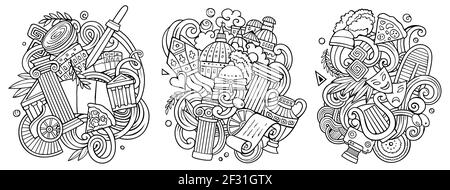 Italien Cartoon Vektor Doodle Designs Set. Line Art detaillierte Kompositionen mit vielen italienischen Objekten und Symbolen. Isoliert auf weißen Abbildungen Stock Vektor