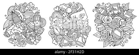 Istanbul Cartoon Vektor Doodle Designs Set. Line Art detaillierte Kompositionen mit vielen türkischen Objekten und Symbolen. Isoliert auf weißen Abbildungen Stock Vektor