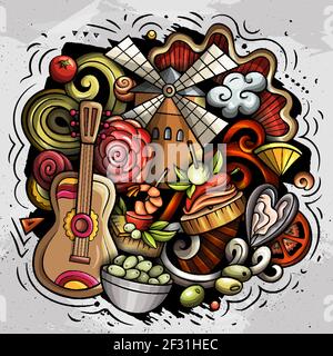 Spanien handgezeichnete Cartoon Doodle Illustration. Lustige spanische Elemente und Objekte Design. Kreative Kunst Vektor Hintergrund Stock Vektor
