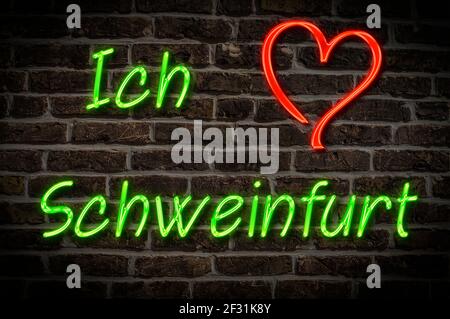 Leuchttreklame, Ich liebe Schweinfurt, Bayern, Deutschland, Europa Ich liebe Schweinfurt, Bayern, Deutschland, Europa Stockfoto