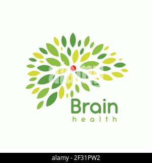 Grüne Blätter Gehirn, Logo-Konzept. Logotyp des Psychotherapeuten. Kreativer Kopf, geniales Gehirn mit frischen, klugen Gedanken und Ideen. Kräuterhirn Bio-Zusatzstoff Stock Vektor