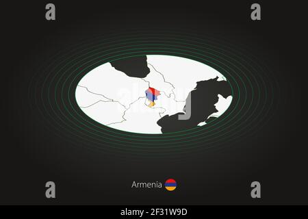 Armenienkarte in dunkler Farbe, ovale Karte mit Nachbarländern. Vektor-Karte und Flagge von Armenien Stock Vektor