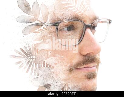 Ein kreatives Paintographie-Porträt eines Mannes mit Brille Stockfoto