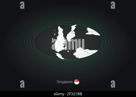 Karte von Singapur in dunkler Farbe, ovale Karte mit Nachbarländern. Vektorkarte und Flagge von Singapur Stock Vektor