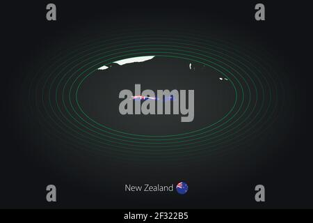 Neuseeland-Karte in dunkler Farbe, ovale Karte mit Nachbarländern. Vektorkarte und Flagge von Neuseeland Stock Vektor
