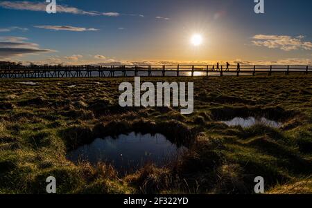 East Lothian, Schottland, Großbritannien, 14th. März 2021. UK Wetter: Sonnenuntergang im Aberlady Naturreservat. Die Sonne geht über die Sumpflandin Aberlady Bay und die hölzerne Fußgängerbrücke unter. Der Mond, obwohl nur einen Tag vergangen ist ein Neumond, ist unter der Sonne sichtbar Stockfoto