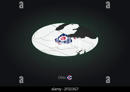 Ohio Karte in dunkler Farbe, ovale Karte mit benachbarten US-Bundesstaaten. Vektorkarte und Flagge von US-Bundesstaat Ohio Stock Vektor