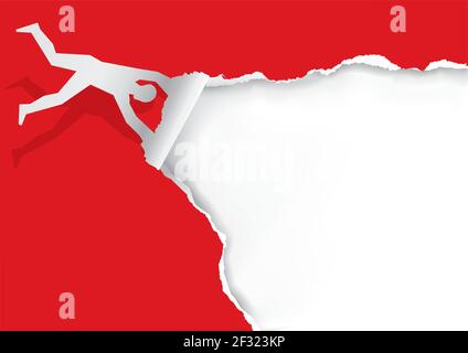 Liegender Mann, zerreißende Papier, lustige rote zerrissene Papier Banner-Vorlage. Papier Silhouette des Menschen enthüllt weißen Hintergrund mit Platz für Ihren Text oder Bild. Stock Vektor