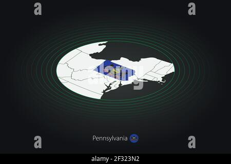 Pennsylvania Karte in dunkler Farbe, ovale Karte mit benachbarten US-Bundesstaaten. Vektorkarte und Flagge von US-Bundesstaat Pennsylvania Stock Vektor