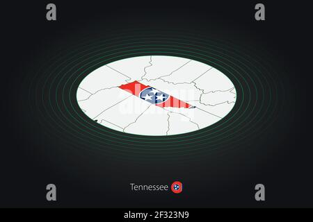 Tennessee Karte in dunkler Farbe, ovale Karte mit benachbarten US-Bundesstaaten. Vektorkarte und Flagge von US-Bundesstaat Tennessee Stock Vektor