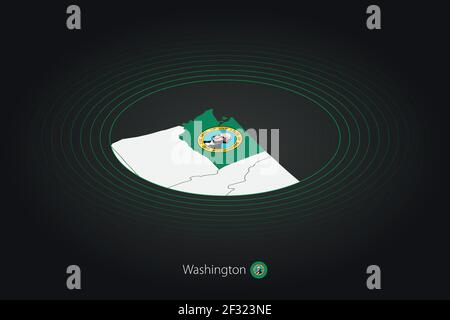 Washington Karte in dunkler Farbe, ovale Karte mit benachbarten US-Bundesstaaten. Vektorkarte und Flagge von US-Bundesstaat Washington Stock Vektor