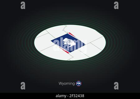 Wyoming Karte in dunkler Farbe, ovale Karte mit benachbarten US-Bundesstaaten. Vektorkarte und Flagge des US-Bundesstaates Wyoming Stock Vektor