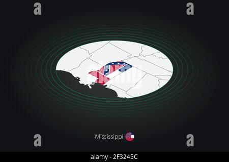 Mississippi-Karte in dunkler Farbe, ovale Karte mit benachbarten US-Bundesstaaten. Vektorkarte und Flagge des US-Bundesstaates Mississippi Stock Vektor